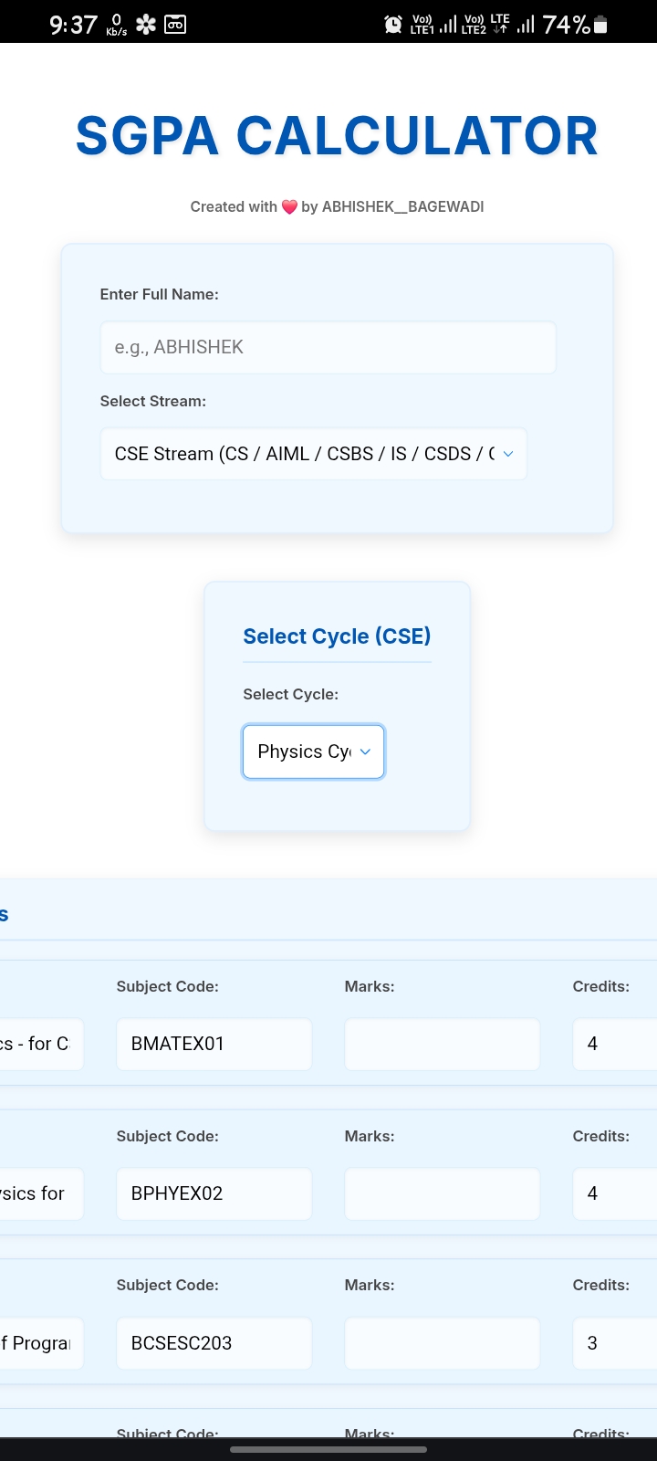 abhishek bagewadi, SGPA calculator result display screen with grade points